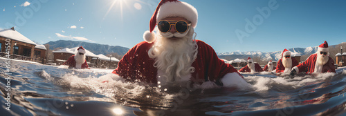 Santa Clause Club swimming in a ski resort pool in their suits - GoPro view - action shot - celebrate vacation after Christmas - getaway - holiday - low angle shot - winter 