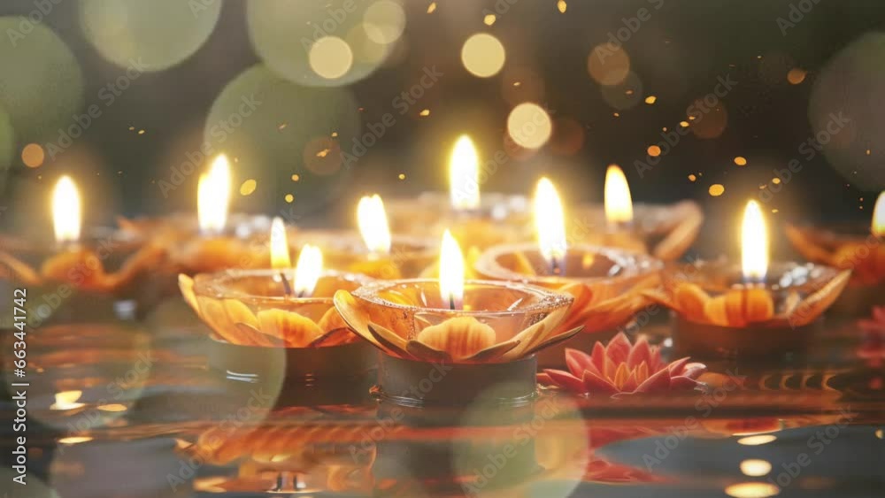 Realistic diwali lamps on a reflective base, Diya oil lamp and flowers on red background, footage video background