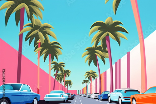 The futuristic retro landscape of the 80s. Illustration of the city and palms in retro style. Suitable for the design of the 80s style