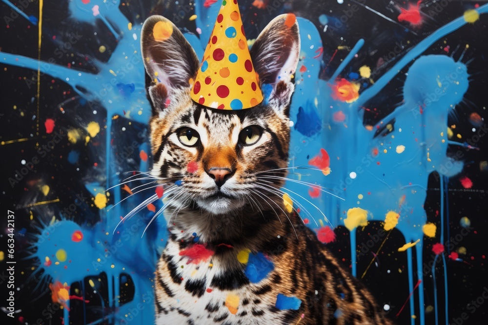Playful Bengal Cat Wearing Party Hat, birthday gift card inspiration Playful Bengal Cat Wearing Party Hat, birthday gift card inspiration