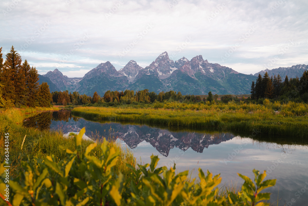 Grand Tetons Daytime Summer Reflection in the Snake River in Grand Teton National Park, Wyoming, USA