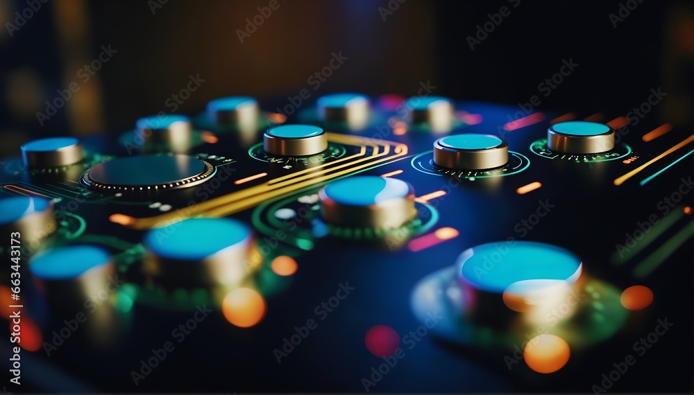 Close up of electronic circuit board. A chaotic mix of tech components in vibrant colors, overlaid with abstract circuit patterns Close up of electronic circuit board. A chaotic mix of tech components in vibrant colors, overlaid with abstract circuit patterns
