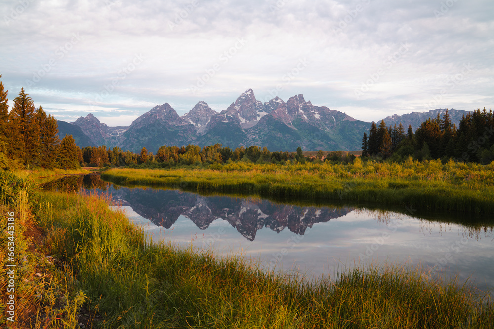 Grand Tetons Daytime Summer Reflection in the Snake River in Grand Teton National Park, Wyoming, USA