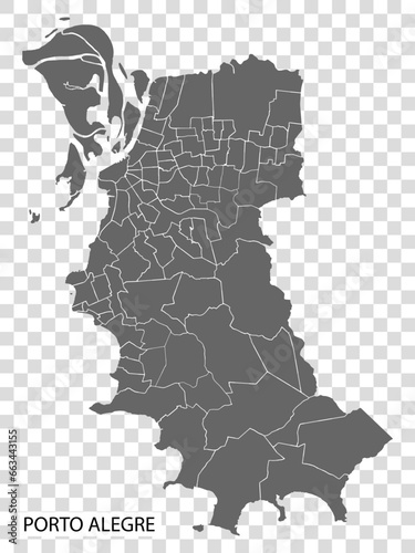 High Quality map of Porto Alegre is a city  Brazil, with borders of the districts. Map of  Porto Alegre for your web site design, app, UI. EPS10.