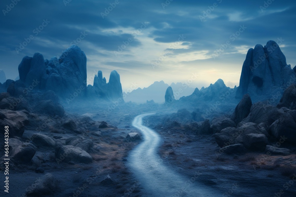 A misty landscape with surreal blue rocky formations, featuring a mysterious road leading towards uncharted territories. Generative AI
