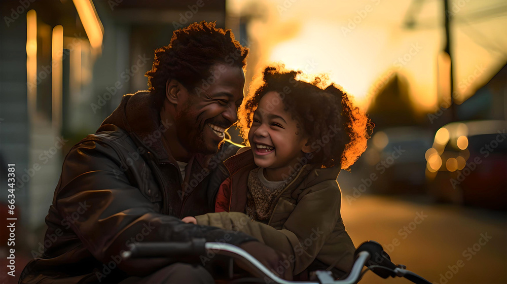 Obraz premium father with his daughter happy, girl learning to ride a bicycle