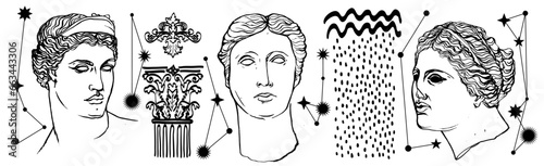 Ilustración hecha con linea gestual, realizadas con pincel. Torsos de estatuas de la epoca griega y romana. Dibujo hecho a mano