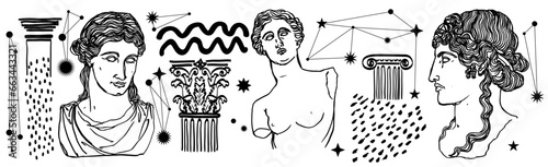 Ilustración hecha con linea gestual, realizadas con pincel. Torsos de estatuas de la epoca griega y romana. Dibujo hecho a mano