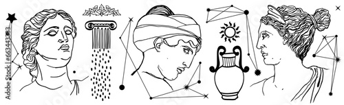 Ilustración de torsos de estatuas de la grecia clasica, Afrodita, Venus de Milo, Atenea. Ilustraciones hechas con pincel de forma manual.