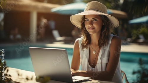 Young beautiful woman working with a laptop by swimming pool, wearing hat.