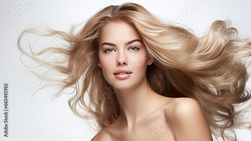 beautiful young female model woman shaking her beautiful blonde hair in motion. ad for shampoo conditioner hair products, generative ai photo