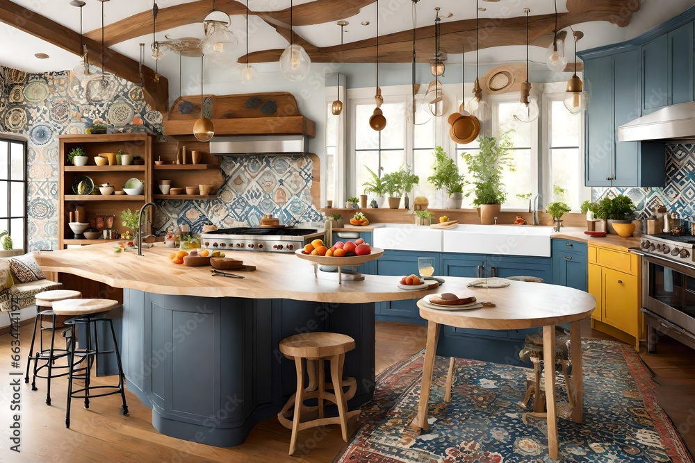 Eclectic kitchen with a mix of colors, patterns, and textures, creating a vibrant space.