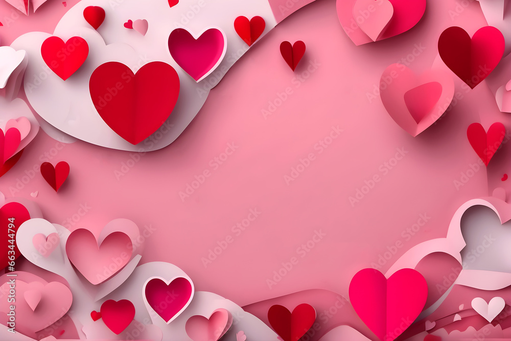 Valentines day background banner background with red and pink hearts, paper cut art  - concept love
