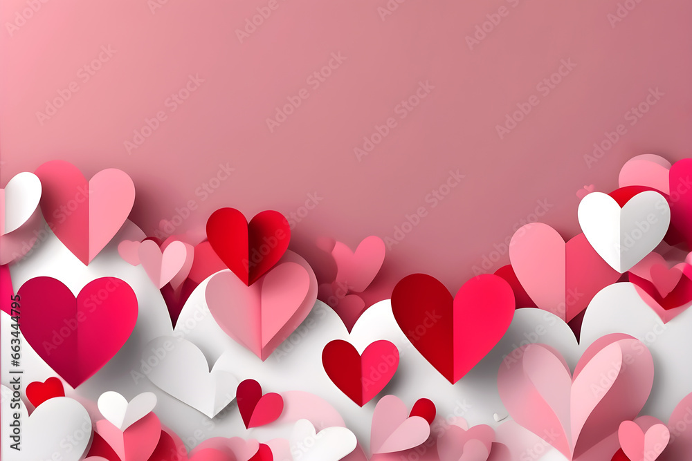 Valentines day background banner background with red and pink hearts, paper cut art  - concept love