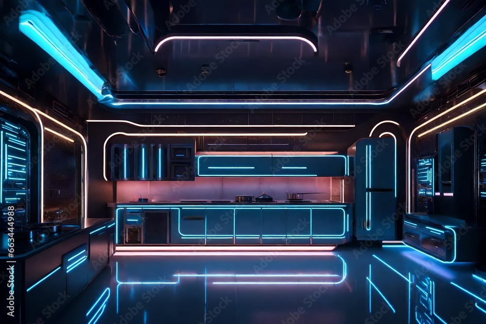 Obraz premium Retro-futuristic kitchen with a space-age design, metallic surfaces, and neon accents.