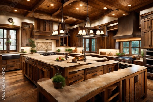 Cozy rustic kitchen with wooden cabinets, stone countertops, and pendant lights over the island.