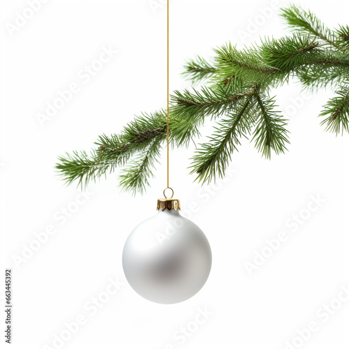christmas tree branch, Christmas ball hanging on a branch, white background. Created using generative AI tools
