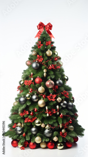 christmas tree on white background wall, close up shot, bright day, front view, photorealistic. Created using generative AI tools