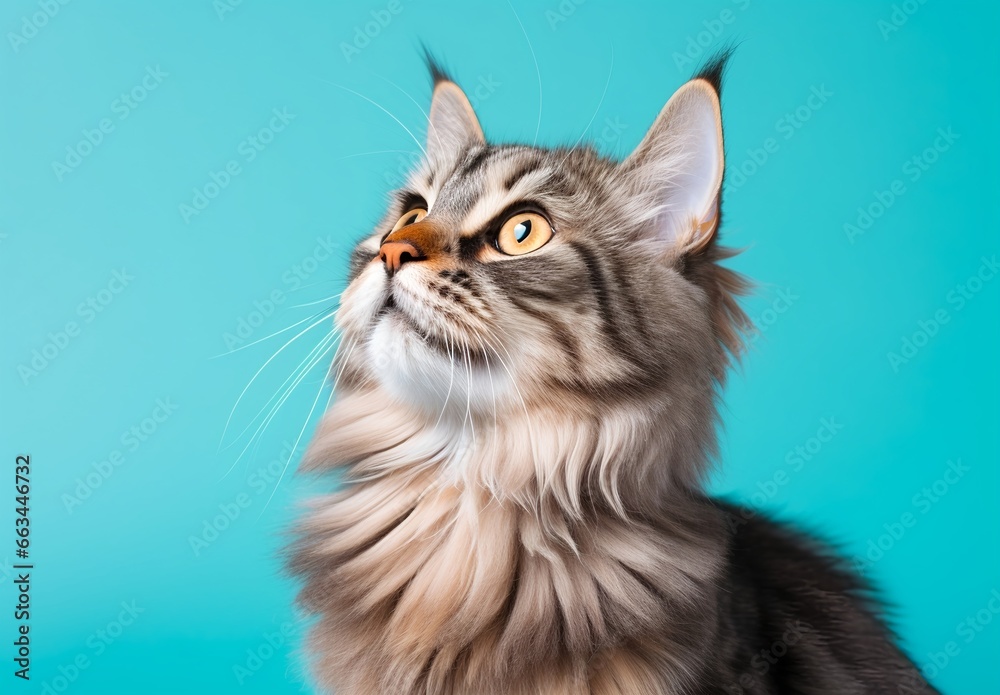 Maine coon cat on turquoise background. Studio shot.