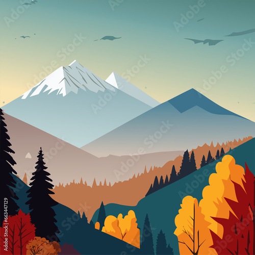 Autumn landscape with snow capped mountain and forest during early morning.