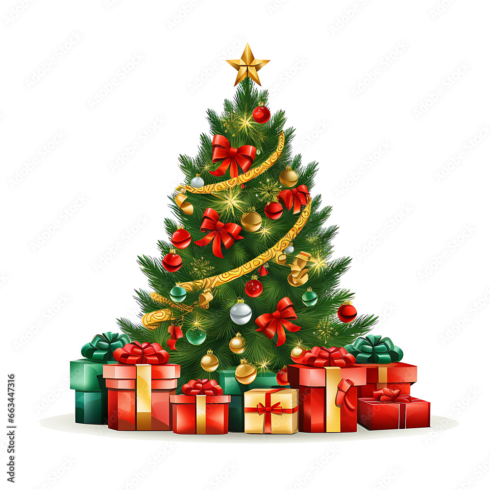 Christmas lighting tree with gifts box and Christmas tree White background.