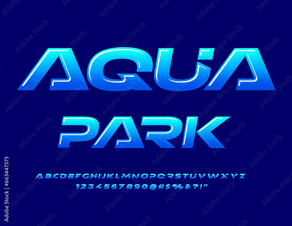 Vector advertising flyer Aqua Park. Trendy Glossy Alphabet Letters and Numbers set. Futuristic Blue Font.