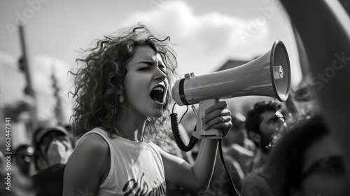 Young woman at a protest with a megaphone photo