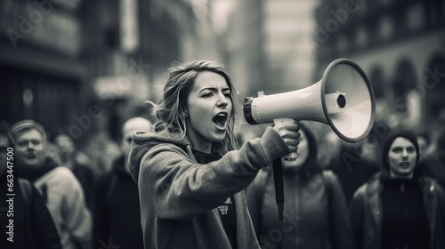 Young woman at a protest with a megaphone