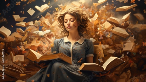 woman reading a book and surrounded by books ai generated