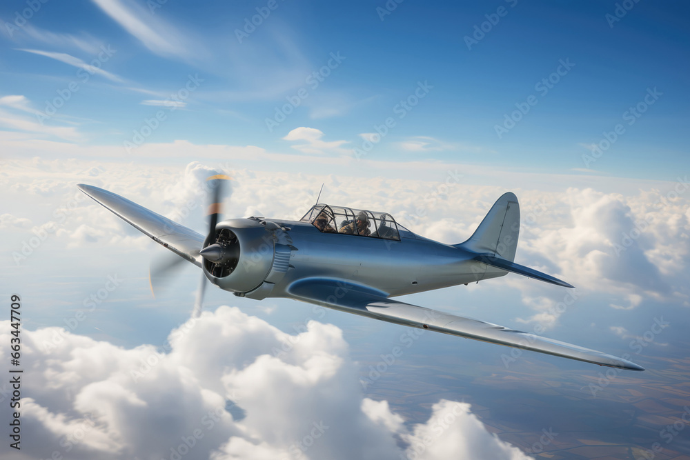 silver chrome fuselage. retro vintage single-engine airplane. Spinning propeller. Plaine in flight. Small generic WWII aircraft. Blue sky. Above the clouds. agricultural plane - obrazy, fototapety, plakaty 