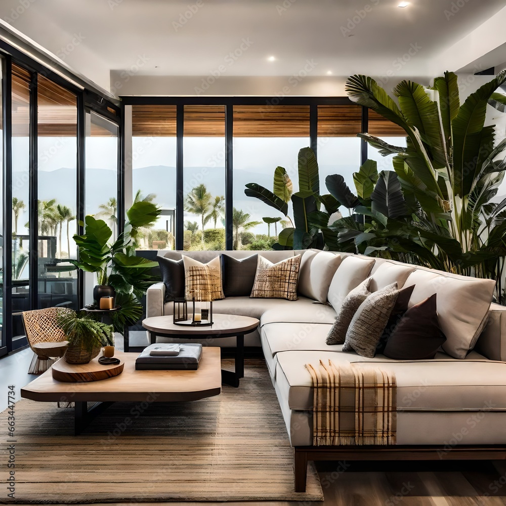Fototapeta premium modern interior design with an open space that features a stylish modular sofa,