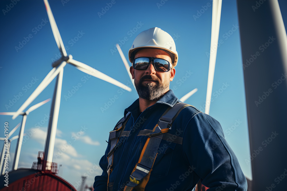 Male technician specializing in wind turbines works on a wind turbine farm Male technician specializing in wind turbines works on a wind turbine farm