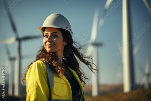 Black female Wind Turbine Technician is working on wind turbine farm. photo