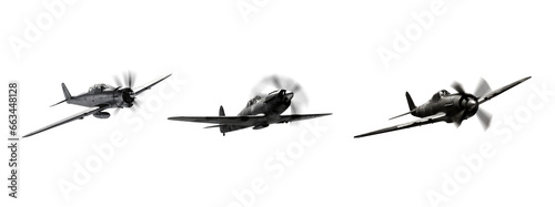 Black and white vintage retro airplanes of the second world war. Generic representation. Isolated transparent background. Propellers. Military attack. Bombers.  photo