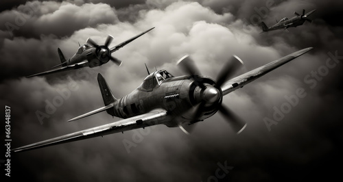 spinning propellers. muted noir noire black and white cloudscape with WWII airplanes in flight. Bombers attacking. In flight. Pearl Harbor, Battle of Britain, Eastern Front. old war photography. Sepia