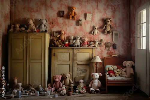 Child's room with stuffed animals. Generative AI