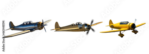 small vintage retro noir airplane. Plaine aircraft. single-engine airplane. WWII plaines in flight. Transparent background. Chrome, yellow, golden, aircraft's. 