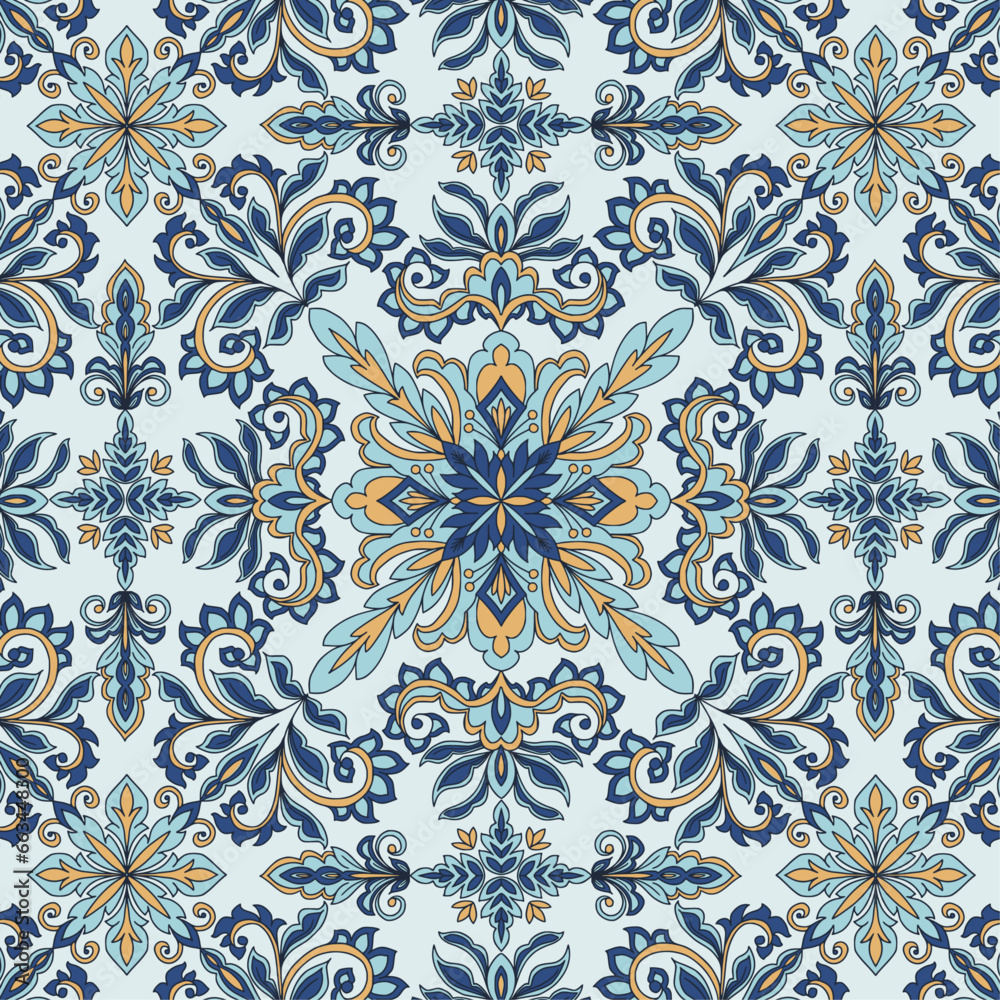 Blue pottery geometric tile pattern