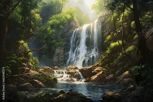 A painting of a forest waterfall. Generative AI