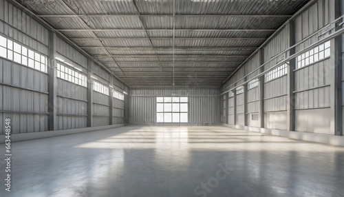 d rendering of an empty warehouse with a large blank wall. d rendering of large hangar building and concrete floor and open shutter door in perspective view for background © luis