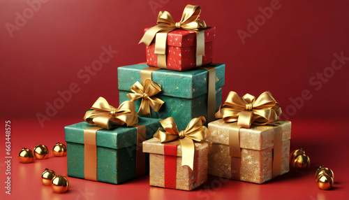 Gift boxes with gold bows on red background. d rendering, a pile of presents with gold bows and bows on top of each other, with a red background 