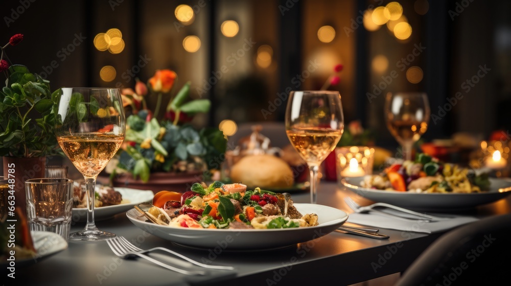 Beautifully set dining table with special decor. Vegetable salad and a glass of white wine. Beautifully set dining table with special decor. Vegetable salad and a glass of white wine.