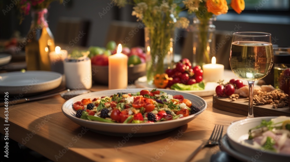 Beautifully set dining table with special decor. Vegetable salad and a glass of white wine.