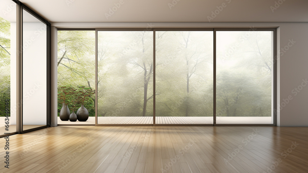 Fototapeta premium Modern contemporary empty room with sliding glass doors, Neutral tones and beige walls with natural light | Generative AI