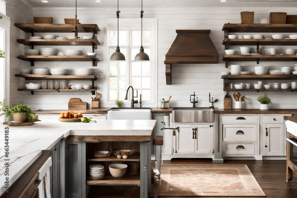 : Farmhouse-style kitchen with a farmhouse sink, open shelving, and a distressed wood island.