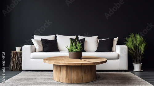 Round wood coffee table in modern interior, Chic white sofa in contemporary room with black walls   Generative AI ©  Made with Matcha