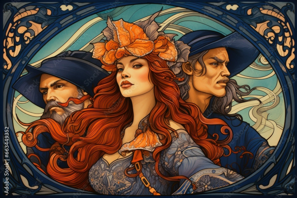 Fototapeta premium Daring pirate captains sailing enchanted seas - Generative AI