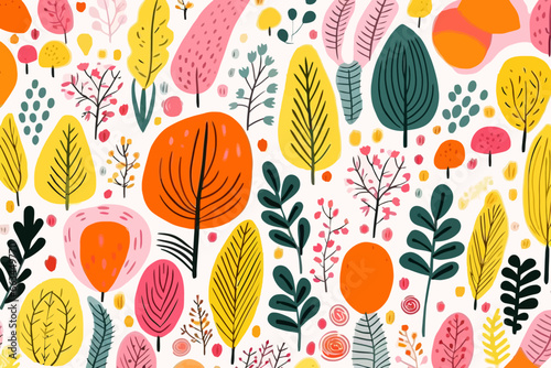 Nature backgrounds quirky doodle pattern, wallpaper, background, cartoon, vector, whimsical Illustration