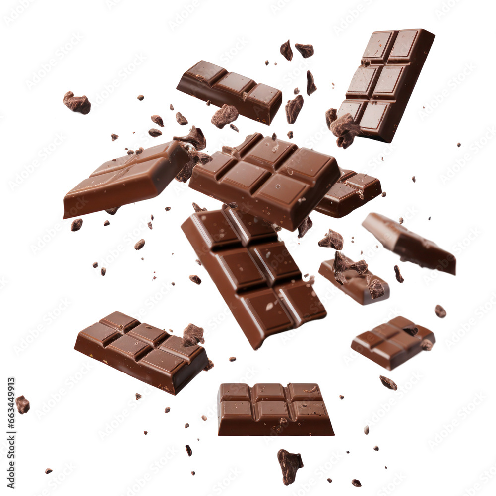 Chocolate pieces flying isolated on white transparent background, PNG - obrazy, fototapety, plakaty 