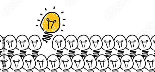 Newton's cradle, pendulum with swinging lamp, light bulb ideas. Business, leadership, teamwork or communication concept. Hanging balancing balls of newtons cradle science. Bright idea